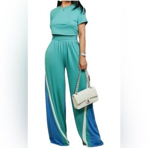Teal Wide-Leg Colorblock Pants with Side Stripe